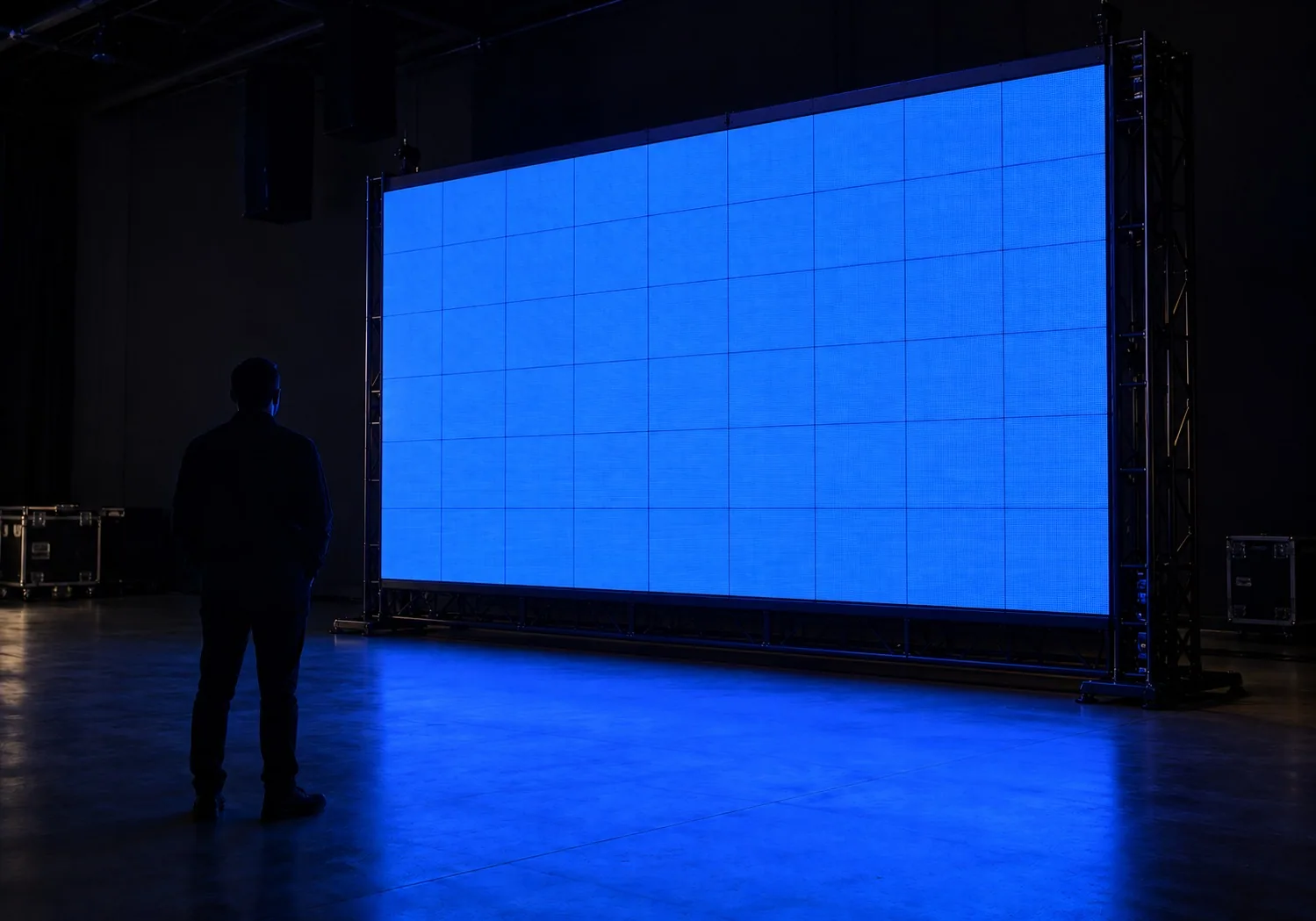 Mur d’écran LED de 12 m² monté sur structure aluminium, une personne à côté pour l’échelle