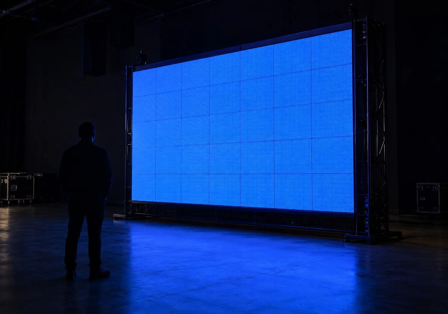 Mur d’écran LED de 6 m² monté sur structure aluminium, une personne à côté pour l’échelle