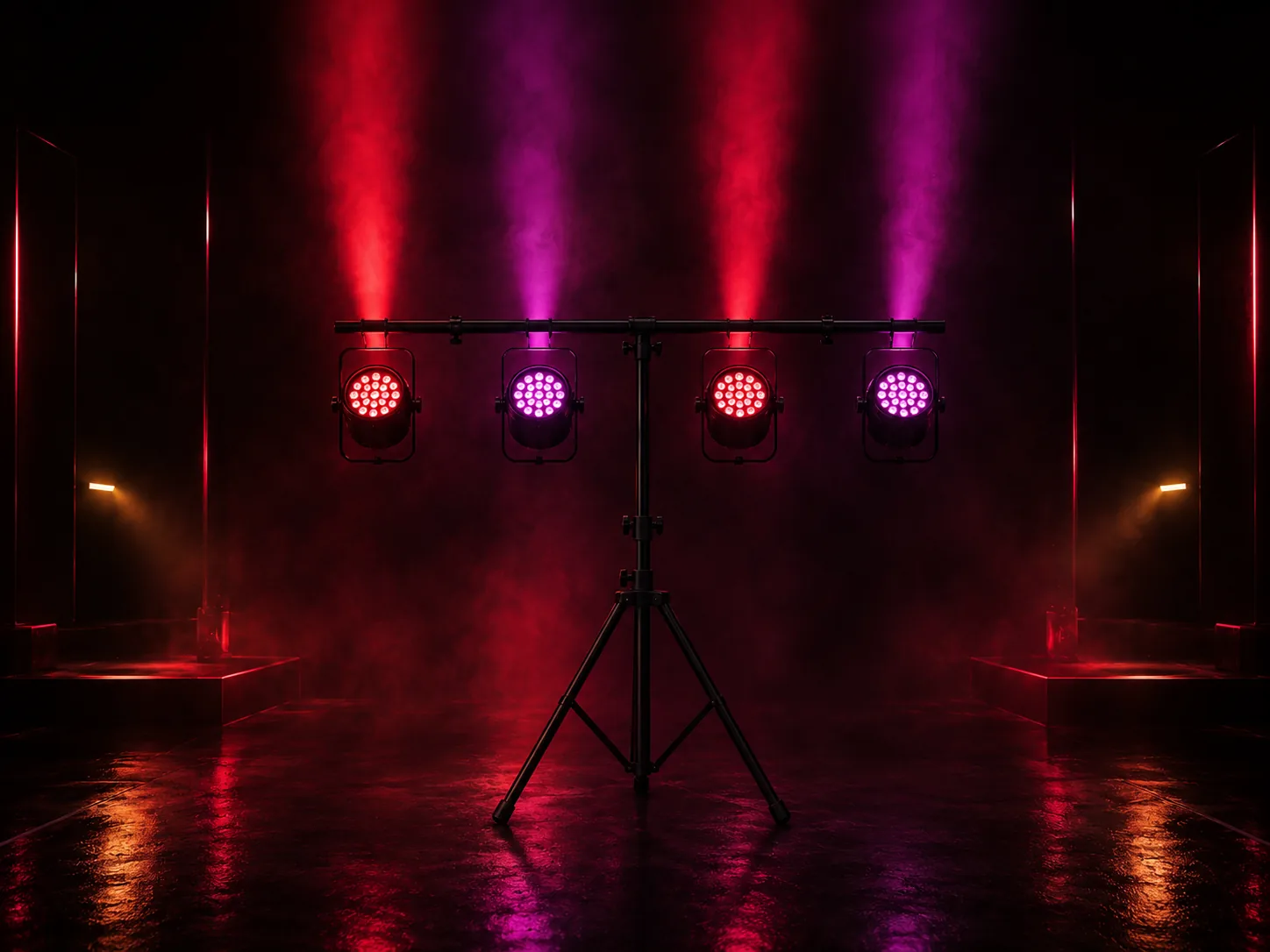 Pack lumière : quatre PAR LED sur barre à trépied, faisceaux allumés (illustration)