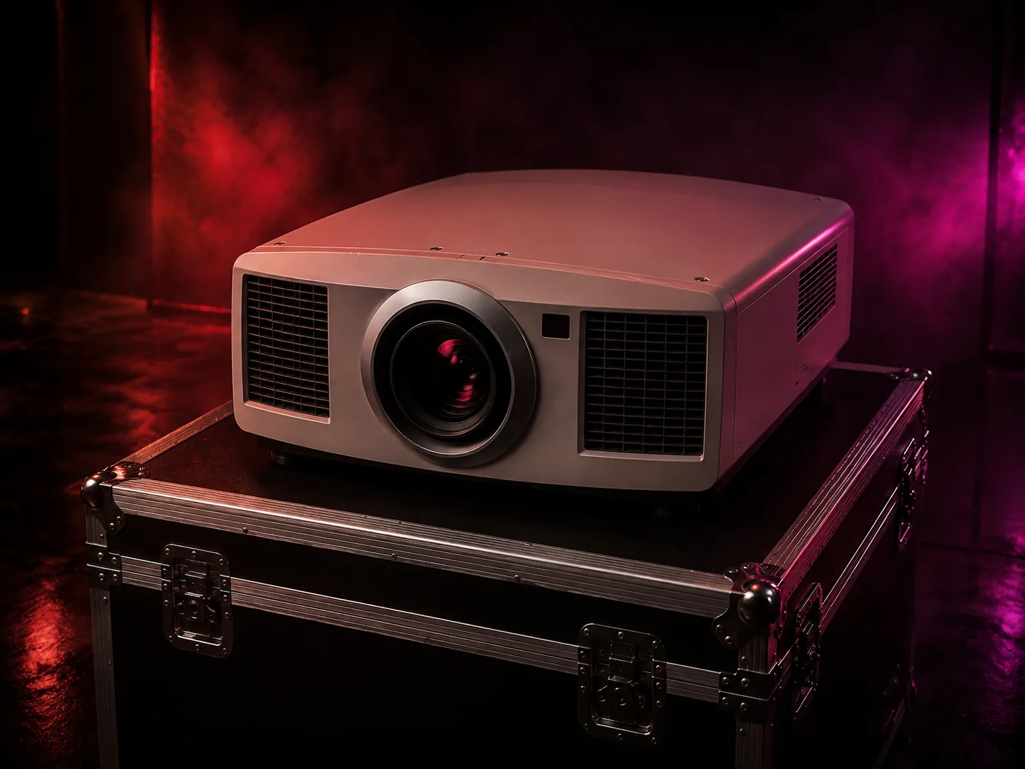 Vidéoprojecteur professionnel type Hitachi CP-X1250 posé sur flight-case (illustration)