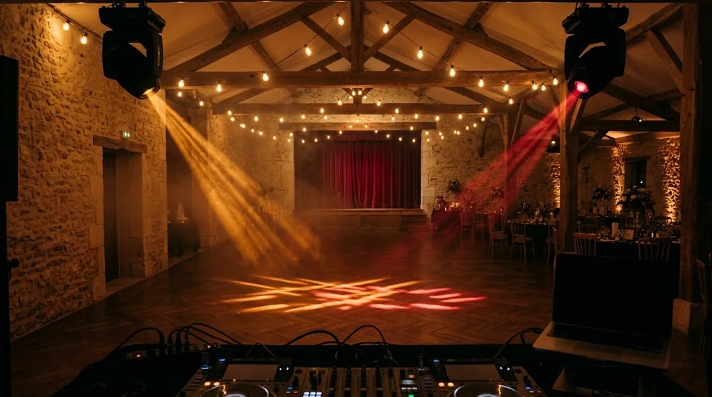 Piste de danse éclairée en configuration soirée, faisceaux ambrés dans une fine brume
